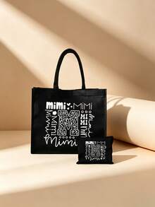 Black Linen Tote Bag With Black Mini Pouch, Mimi Letter Art Black Linen Shoulder Bag, Tote Bag, Storage Pouch, Handbag, Organizer Bag, Suitable For Women, Girls, Teens, Ladies, Students, Picnic, Shopping, Travel, Beach, Holiday, Office, School Daily Use - Reusable Linen Casual Fashion Accessory, Multifunctional Storage Pouch, Personalized Creative Gift, High Quality, Durable, Lightweight - Multicolor - View 7