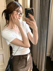 Áo kiểu dáng ôm vừa vặn, màu trơn, phối ren, thích hợp cho mùa hè, màu trắng. - trắng - Xem 7