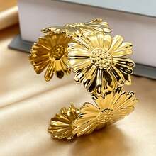 1件装时尚个性化金属手镯，朋克街头风镂空极简臂环，可调节C形镂空金属手链 - 花朵手鐲 - 查看 4