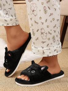 Cartoon Cat Open-Toe Plush Slippers, Women's Autumn/Winter Indoor Warm Furry Slippers, Fashion Slippers For Women, Suitable For All Seasons - Black - View 5