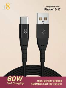 D8 USB Type C 數據線 (1M, 60W/3A) USB A 轉 USB C 快充編織線，高速數據同步線，尼龍編織耐用充電線，適用於 iPhone17/16/15、1+ Android 手機，適合室內/戶外旅行/車用，女性 3C 配件，時尚耐用防纏繞充電線，PD 快充線，數據傳輸線，適用於 Type-C 充電器 - 彩色 - 查看 12