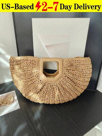 1pc Large Capacity Khaki Handbag Tote Bag Woven Bag Open Straw Bag Round Bag For Travel And Vacation Beach, Eye-Catching Beach Bag Summer