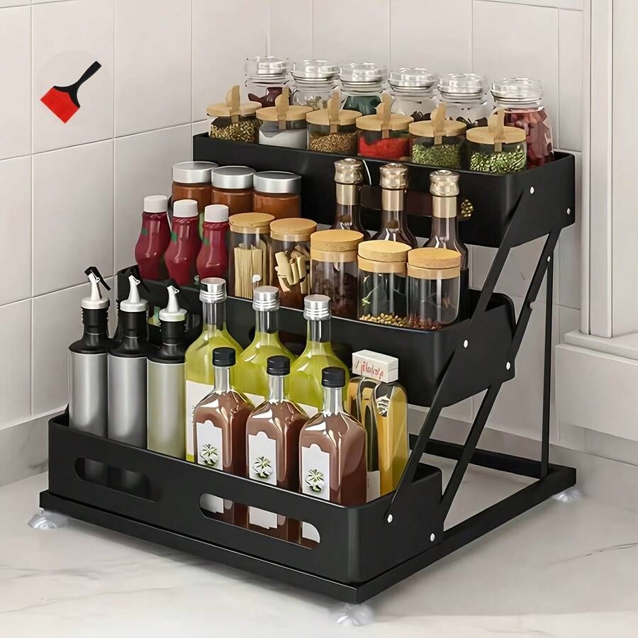 GROWSUN-3-Tier Foldable Spice Rack With Safety Guardrails - Space-Saving Kitchen Cabinet & Countertop Organizer, Durable Powder-Coated Design, Tool-Free No-Drill Assembly (BBQ Brush Included) - 查看 1