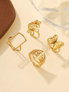 4pcs Stainless Steel Gold Rectangular, Flower, Butterfly, Tree Ring Set, Gift For Valentine's Day, Mother's Day - Yellow Gold - View 2