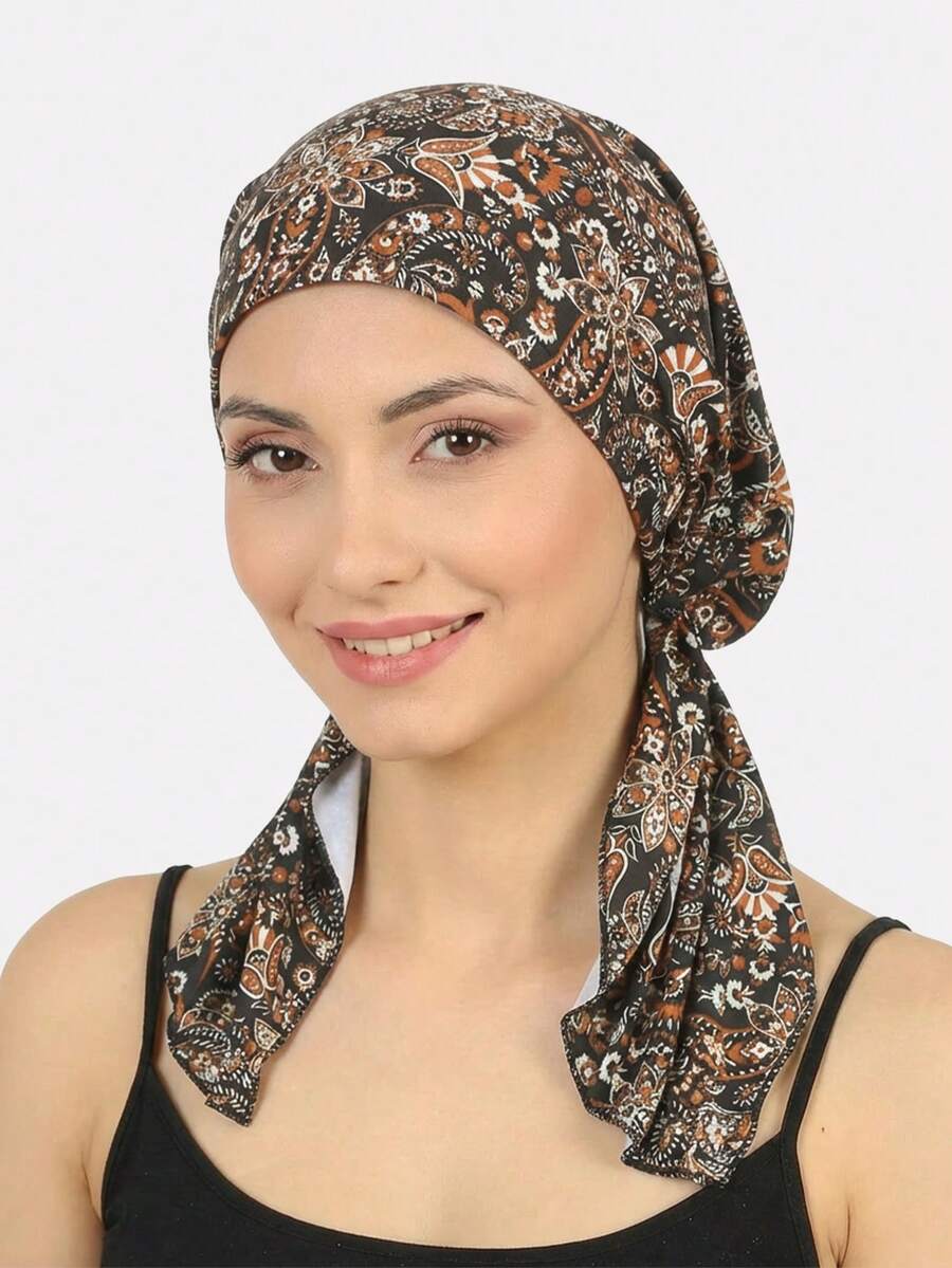 1pc Women's Braided Headscarf Hat With Tail, Suitable For Daily Use,Holiday,Travel - Black Background With Red and Yellow Floral Patterns - View 1