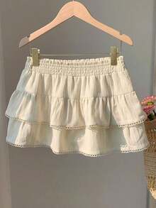 Falda pantalón para mujeres para conciertos campestres, blanca, de tejido, con cintura elástica y volantes en el bajo con silueta evasé - Albaricoque - Ver 2
