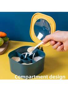 Large Capacity Seasoning Box With Lid And Spoon - Durable ABS Material, 4-Compartment Integrated Covered Multi-Function Household Kitchen Spice, Sugar, MSG, Salt Storage Box, Suitable For Home Kitchen Organization, Salt Shaker, Convenient For Combined Use - Multicolor - View 6