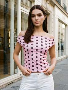 Camiseta de mujer corta con hombros descubiertos, manga corta de verano, estampado de puntos, ajustada y de moda - Rosa - Ver 6