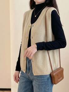JIANHU Minimalist Knit Vest, Layering Design, Elegant Button Details, Suitable For Autumn/Winter Daily Wear | Warm & Versatile, Suitable For Christmas, New Year Party And Everyday Outfits - Apricot - View 11