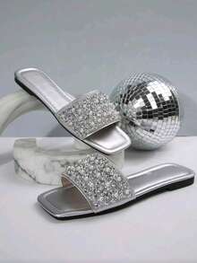 1 Pair New Flat Slide Sandals/Solid Color Flat Design Shiny Upper Exquisite Design Rhinestone Decor Slip-On Easy To Put On And Take Off Easy To Clean Elegant Sophisticated Fashion Versatile Suitable For Daily Wear Shopping Dating Vacation Travel Must-Have Mule Sandals - Silver - View 6