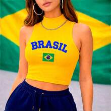 Cropped High Neck Ribbed Tank Top Sizes P To G3 With "BRAZIL" Written On It Summer Fashion Women's Blouse - Yellow Brazil Written In BLUE - View 1