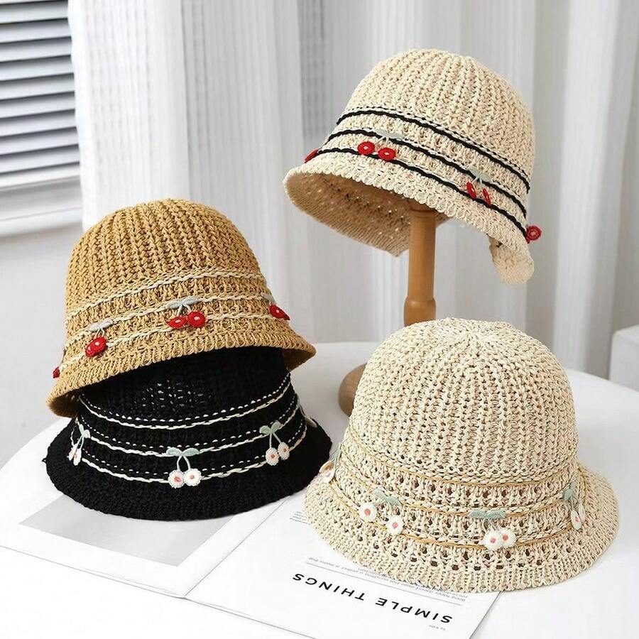 Mũ chống nắng mùa hè, mũ xô dệt thủ công hình quả anh đào dành cho nữ, mũ xô khoét lỗ thoáng khí phía sau, mũ chống nắng dễ thương và thoáng mát giúp thon gọn khuôn mặt. - Nhiều màu - Xem 1