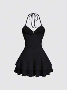 Nuevo vestido de playa romántico y vacacional para mujer con cuello halter, corbata en el cuello, decoración de estrella dorada, doble capa de volantes y corte evasé en color albaricoque, adecuado para tomar el té por la tarde o un picnic en el parque - Negro - Ver 2