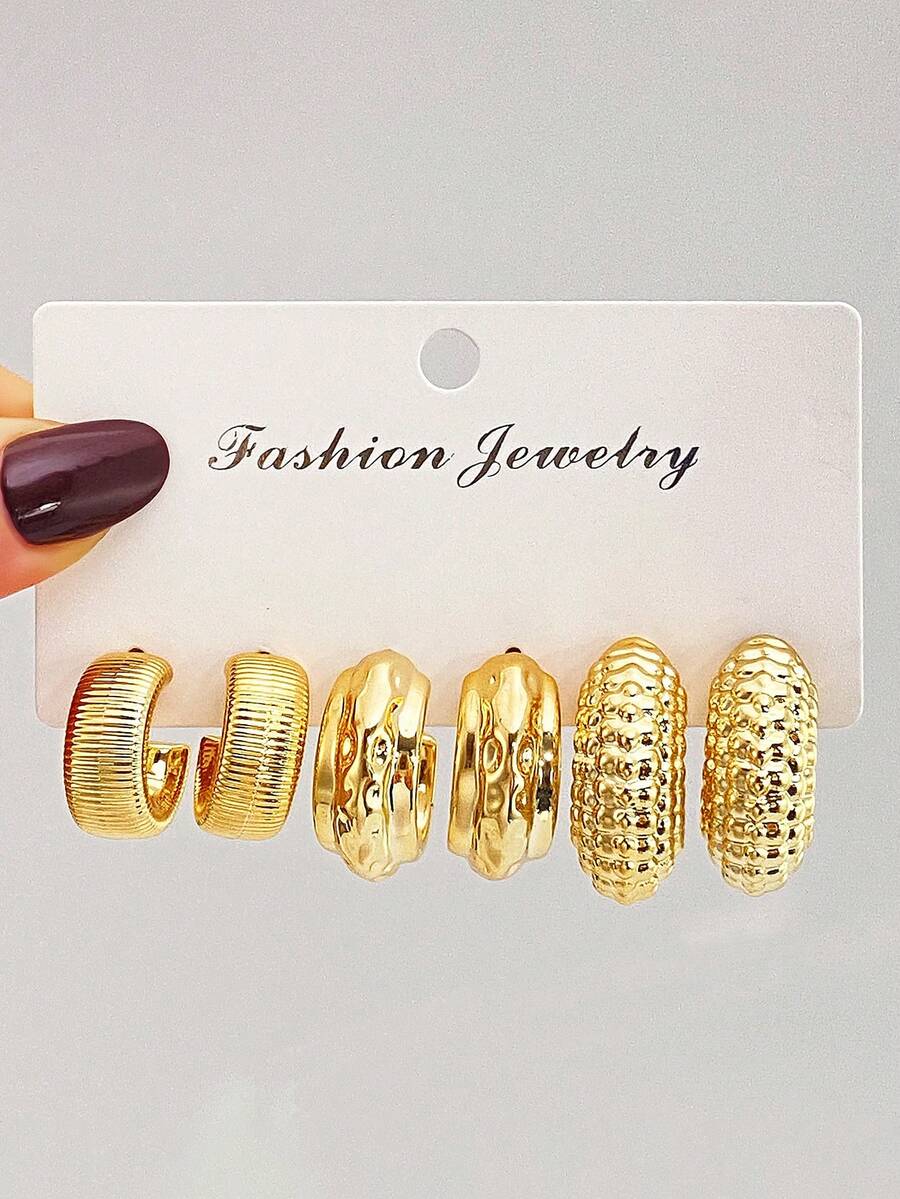 6pcs Women's Creative Fashion Exaggerated Earring Set, C-Shape Teardrop Earrings - Yellow Gold - View 1