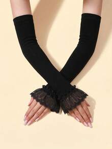 1 Pair Black Sexy Lace Long Gloves, Lightweight & Breathable, High Elasticity Arm Sleeves For Women, Fashionable & Versatile For Summer, Weddings,Festival,Party - Black - View 2