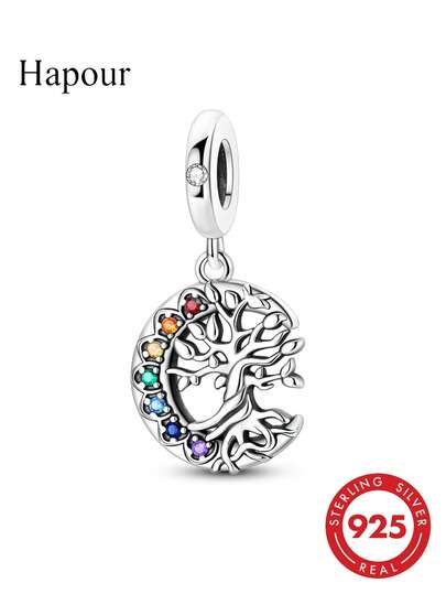 1 chiếc mặt dây chuyền thiết kế độc đáo màu bạc dành cho nữ, đính đá Cubic Zirconia nhiều màu sắc, hình cây sự sống và mặt trăng, kèm hộp đựng trang sức sang trọng, quà tặng phù hợp với vòng tay và dây chuyền nguyên bản. Tự làm đồ trang sức.