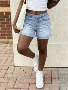 Y2K Plain Casual Retro Baddie & Sweetie Regular Frayed Hem Denim Shorts, Fashionable Minimalist Pants For Teenage Girls - Light Wash - View 6