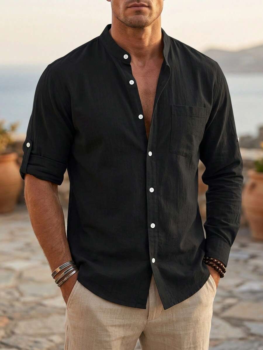 Men's Spring/Summer Linen Stand Collar Long Sleeve Button-Up Shirt, Rolled Sleeve Design, Loose Breathable Stylish, Suitable For Beach Vacation & Casual Daily Wear, Size XS-XXXL, European & American Oversized Fit, Slightly Sheer Fabric, Choose Based On Needs And Body Type