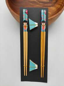 2 Pairs Japanese Natural Bamboo Chopsticks With 2 Bamboo Chopstick Rests Set, Japanese Print Bamboo Chopsticks And Natural Wooden Chopstick Holder - Multicolor - View 10