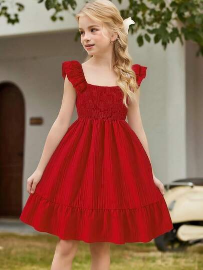 Vestido de línea A con cuello cuadrado, mangas con volantes y tela texturizada para niña preadolescente