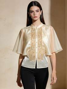 現代菲律賓風情女式襯衫上衣 1件 刺繡披肩式 Filipiniana Barong 風格上衣 - 香檳色 - 查看 6