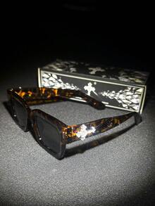 Diamond Heart Cross 1件 Y2K 歐美風心形十字水鑽飾品玳瑁框眼鏡，中性方框時尚眼鏡，附水鑽十字裝飾，高街嘻哈素顏必備裝飾眼鏡 - 彩色 - 查看 3