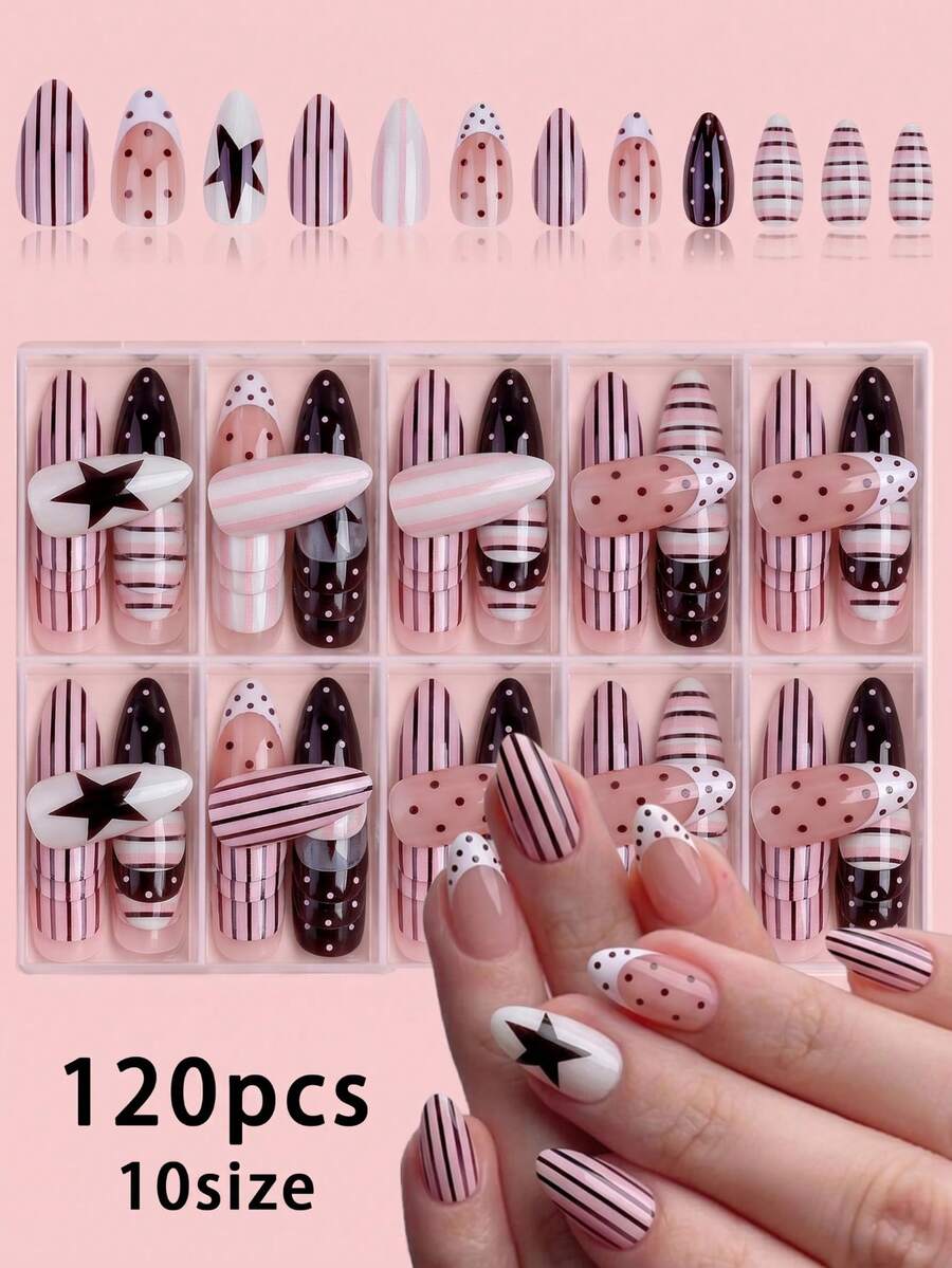 120张粉色美甲贴纸,Y2K坏女孩风格,法式中号杏仁形尖头亮面按压式假指甲(白色、裸色、粉色、棕色按压式美甲贴纸,条纹、波点图案,杏仁形),少女亚克力美甲贴纸,透明方形盒装美甲贴纸套装,创意礼物。按压式美甲贴纸,创意礼物美甲贴纸。 - 彩色 - 查看 1