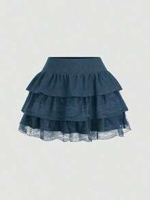 Falda mini acampanada con volantes múltiples de encaje negro, estilo Y2K vintage, corte ajustado acampanado para mujer juvenil - Azul marino - Ver 1