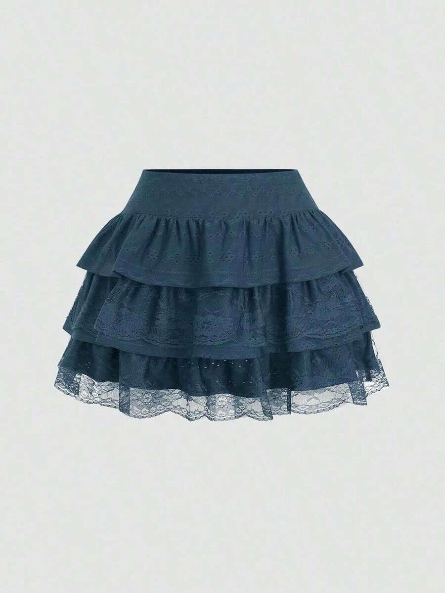 Falda mini acampanada con volantes múltiples de encaje negro, estilo Y2K vintage, corte ajustado acampanado para mujer juvenil - Azul marino - Ver 1