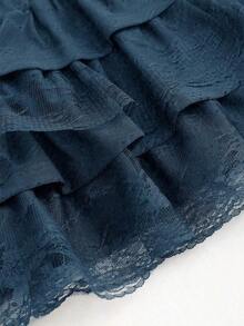 Falda mini acampanada con volantes múltiples de encaje negro, estilo Y2K vintage, corte ajustado acampanado para mujer juvenil - Azul marino - Ver 4