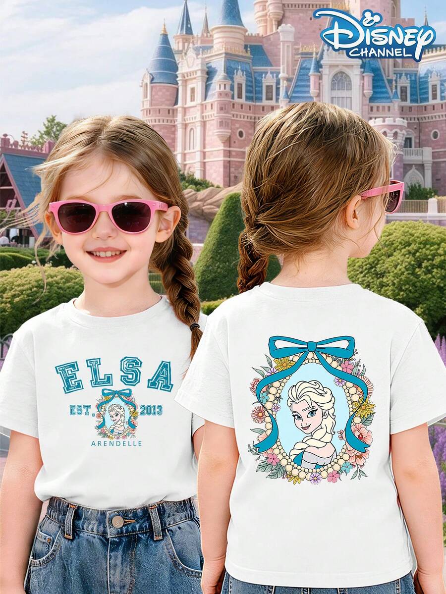 Camiseta Disney para niña con estampado de la princesa Elsa de Frozen y letras - Ropa informal y bonita para el día a día - Cuello redondo y manga corta - Blanco - Ver 1