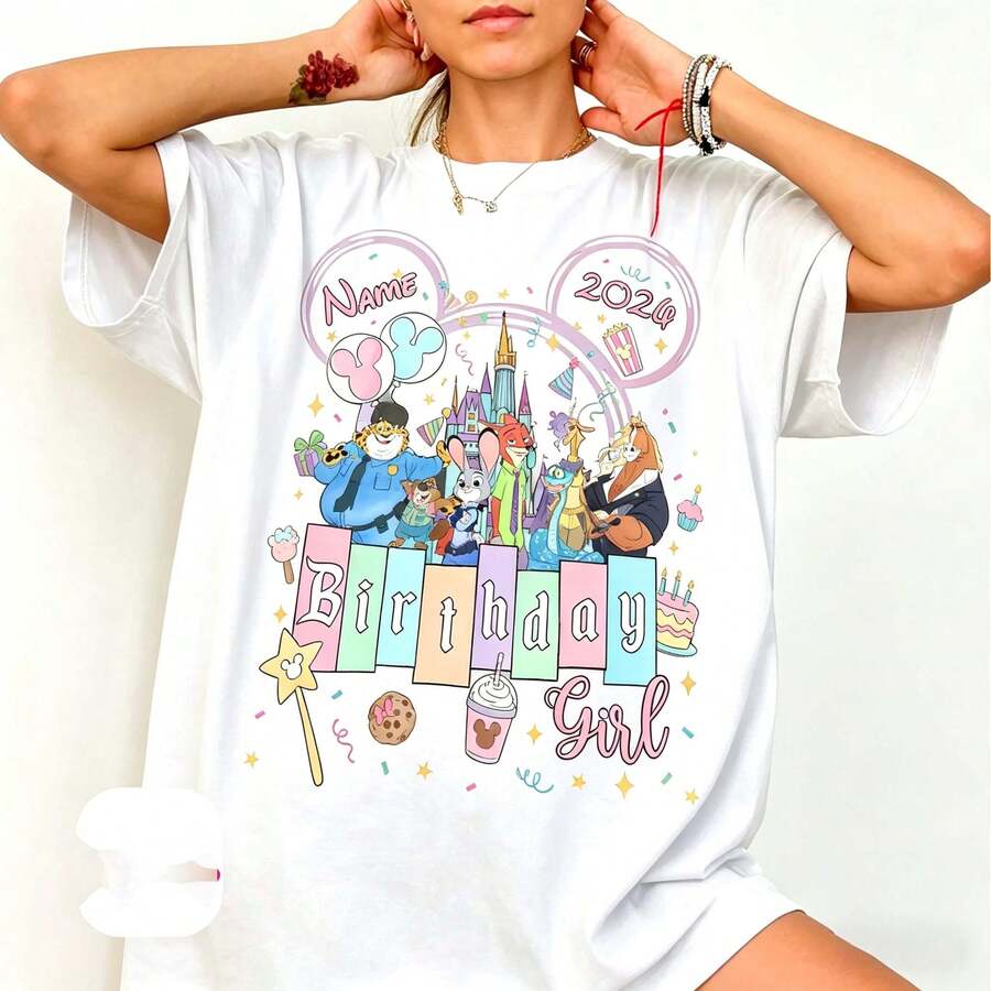 Loose Oversize WDW Disneyland Family Tee, Personalized Name Age Zootopia 2 Birthday Shirt, Disney Judy Hopps Nick Wilde Gary De'snake Birthday Present Gift - White - View 1