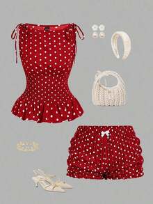 Conjunto de 2 piezas de top sin mangas y shorts con estampado de lunares en contraste para mujer - Rojo - Ver 11