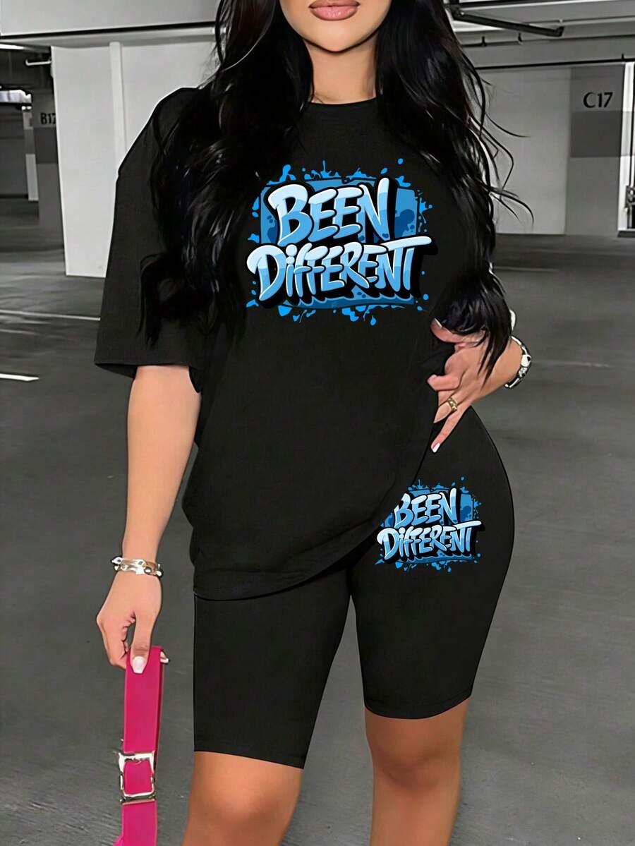 Plus-Size New Women's Two-Piece Set, Popular European And American Summer Suit. Plus-Size - Casual Suit, Consisting Of A Large Black T-Shirt With Unique Graffiti Design And A Pair Of Cycling Shorts. Sports Suit, National Independence Day Free Dress, Mother's Day - 黑色 - 查看 1
