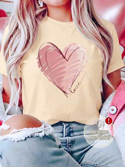 Women's Casual Round Neck Short Sleeve T-Shirt with Pink Heart Print