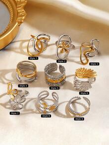 1 pieza Anillo geométrico de línea, estrella y flor de acero inoxidable chapado en oro de 18K con tono dual minimalista, adecuado para uso diario y de fiesta de mujeres - Multicolor - Ver 2