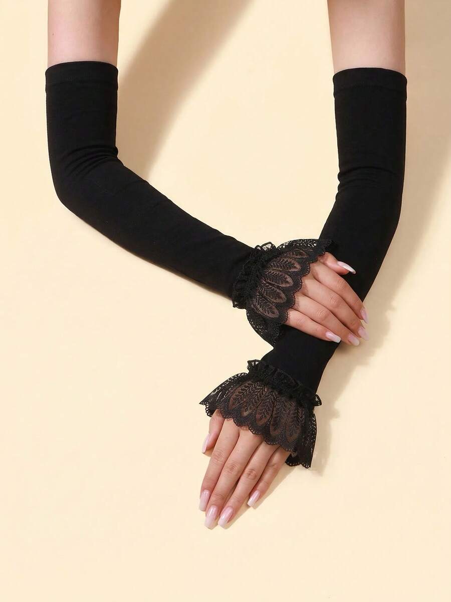 1 Pair Black Sexy Lace Long Gloves, Lightweight & Breathable, High Elasticity Arm Sleeves For Women, Fashionable & Versatile For Summer, Weddings,Festival,Party - Black - View 1