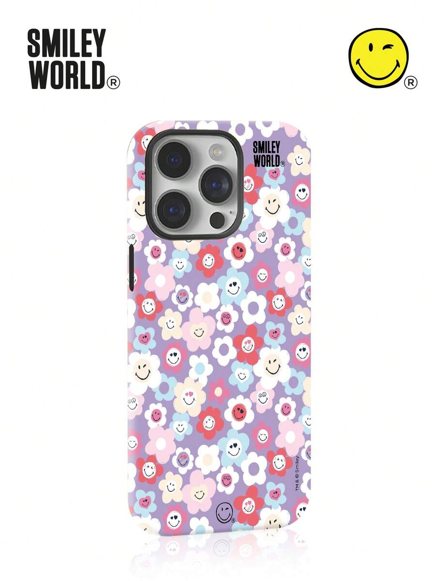 Smiley World SmileyWorld® | 1 件装减震全包覆 TPU+PC 材质双层手机壳,笑脸花朵爱心图案,UV 印刷,兼容 17、16、15、14、13、12、11 Pro Max,适合作为节日礼物、日常通勤使用,防摔高品质设计 - 彩色 - 查看 1