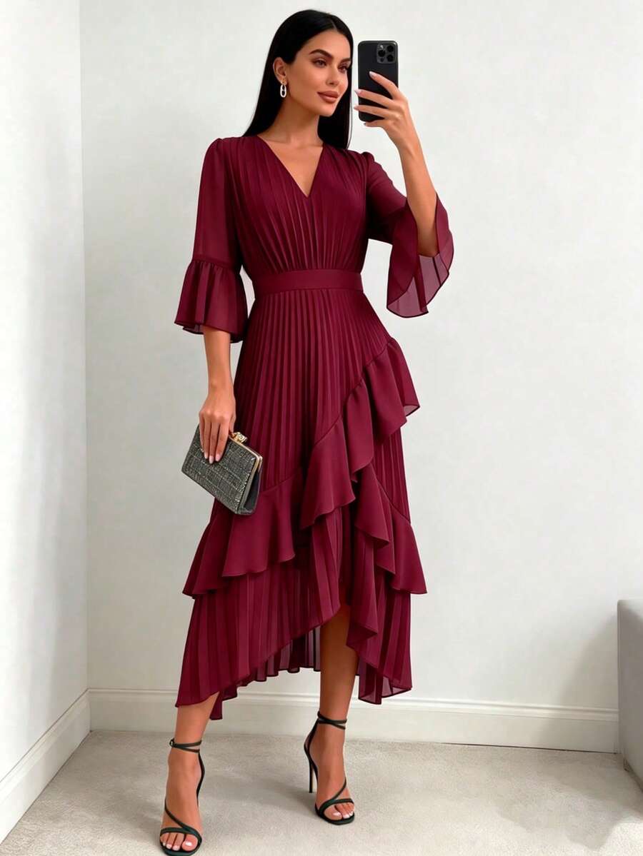 Elegant Solid Color Asymmetric Ruffle Hem Midi Dress, Vacation Summer Pleated - Burgundy - View 1