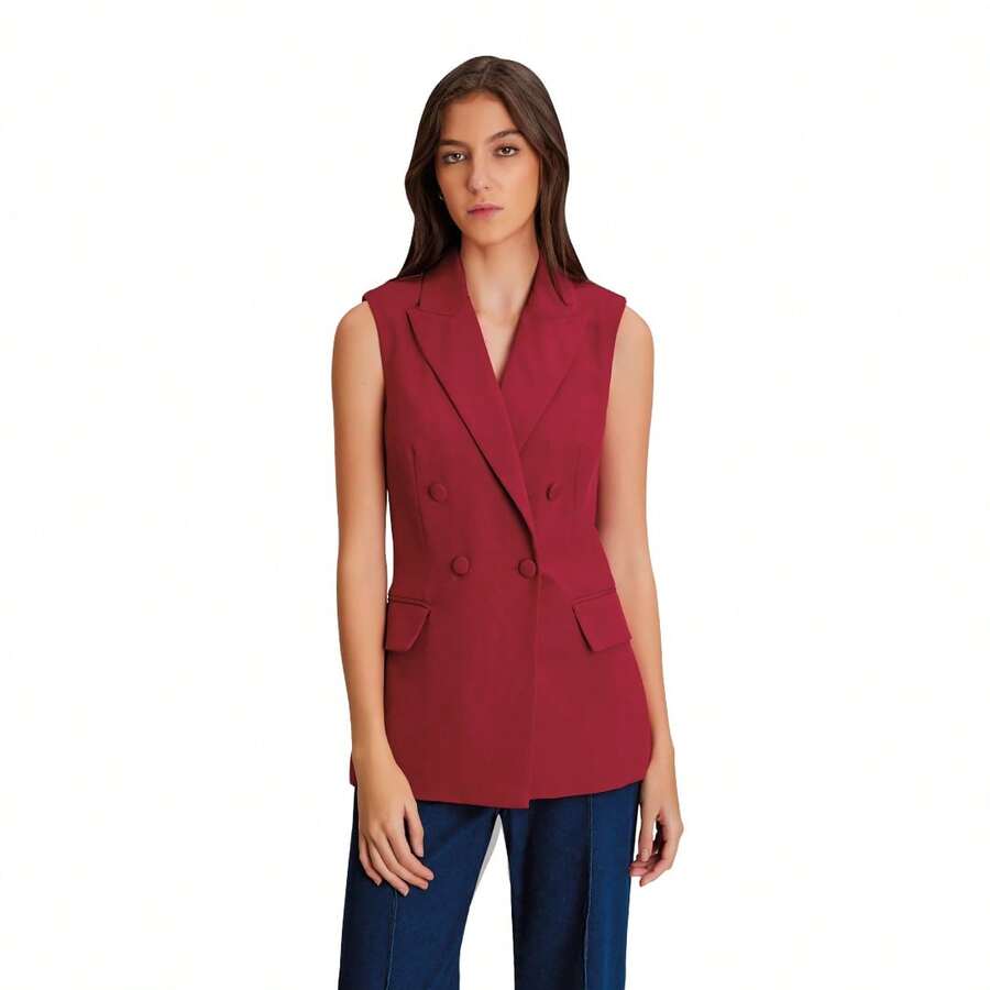 CKLASS Ladies Red Double-Breasted Vest 911-20 - Red - View 1