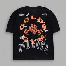 & GOLD'S GYM Co-Branded American Streetwear Brand Wolf Head Print Pure Cotton Round Neck Couple's T-Shirt - 黑色 - 查看 2