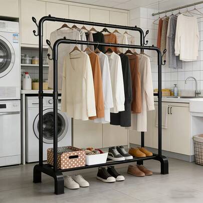 1pc Modern Freestanding Double-Bar Clothes Drying Rack, Garment Rack, Coat Rack - Space-Saving Double-Rod Clothing Organizer, No Assembly Required - Suitable For Bedroom, Dorm, Laundry Room - Compact Hanging Clothes Rack For Apartment, Office - Easy To Install, Wardrobe Alternative, Essential Home Storage, Metal Frame Plastic Base Material, Black