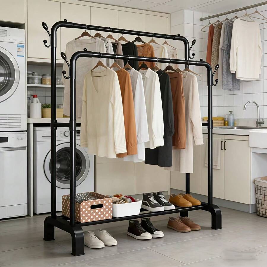 1pc Modern Freestanding Double-Bar Clothes Drying Rack, Garment Rack, Coat Rack - Space-Saving Double-Rod Clothing Organizer, No Assembly Required - Suitable For Bedroom, Dorm, Laundry Room - Compact Hanging Clothes Rack For Apartment, Office - Easy To Install, Wardrobe Alternative, Essential Home Storage, Metal Frame Plastic Base Material, Black