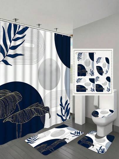 1/4pcs Navy Blue Bohemian Shower Curtain Set, Medieval Style Navy Blue And White Bathroom Decor, Bathroom Curtains, Stylish Shower Curtain Set For Men, Waterproof Fabric With 12 Hooks