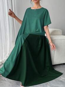 2pcs Women's Set, Purple Round Neck Raglan Sleeve Irregular Top + Contrast Blue Elastic Waist Skirt, Elegant Luxury Arabic Style Outfit, Suitable For Birthday, Formal Evening, Party, Date, New Year And Other Occasions - Green - View 3
