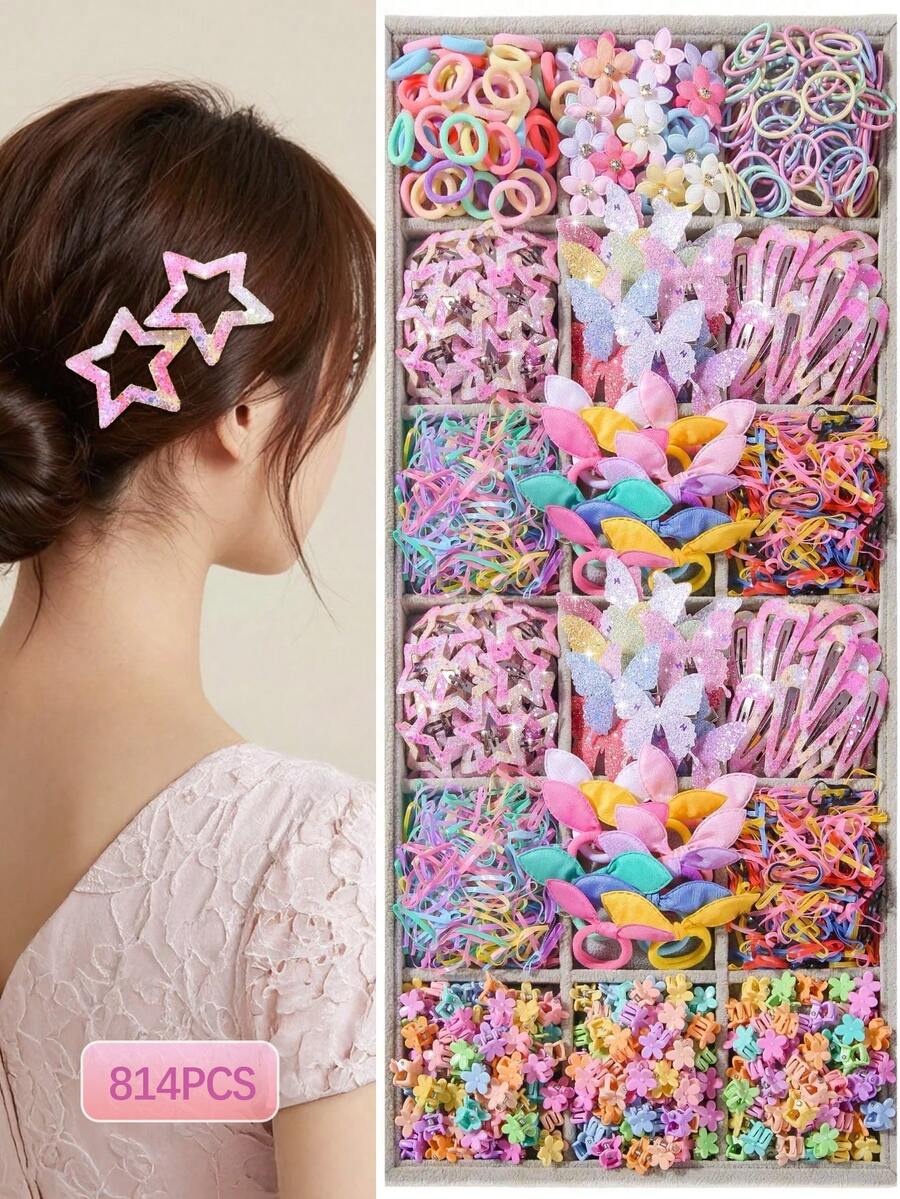 814 piezas/Set Accesorios para el cabello de princesa básicos y coloridos para niñas y adolescentes, incluye gomas de pelo, pasadores, diademas y otros accesorios para el cabello, para uso diario y como regalo - Rosa - Ver 1