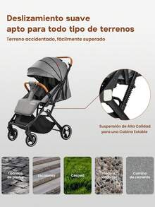 H HIBOBI One-Way, Foldable, And Portable Baby Stroller With Adjustable Seat, Large Storage Basket, And Shock-Absorbing Design. Equipped With A Canopy, Bottle Holder, And Food Tray. A Must-Have For Family Outings With Newborns And Toddlers. - 灰色 - 查看 6