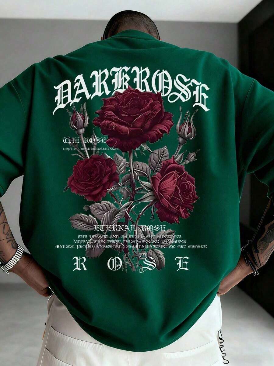 Men's Short-Sleeved T-Shirt With Rose Print, Simple And Versatile, By Zrgoth. - Green - View 1