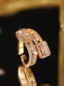 jealous young 1 pieza Anillo abierto de geometría con circonita cúbica empotrada, estilo vintage dorado chapado en oro, para mujer, accesorio de moda, adecuado para boda, fiesta de vacaciones, uso diario, todo el año - Amarillo Oro - Ver 7
