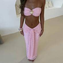 Conjunto Sexy de 2 piezas para fiesta y playa, ropa de verano para mujer, Top corto Bandeau sin tirantes + falda Maxi con lazo frontal, trajes de coqueta - Rosa - Ver 2
